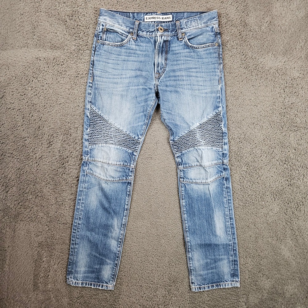 Express Jeans Mens 30x32 Rocco Slim Fit Skinny Leg Moto Biker Denim Light Wash